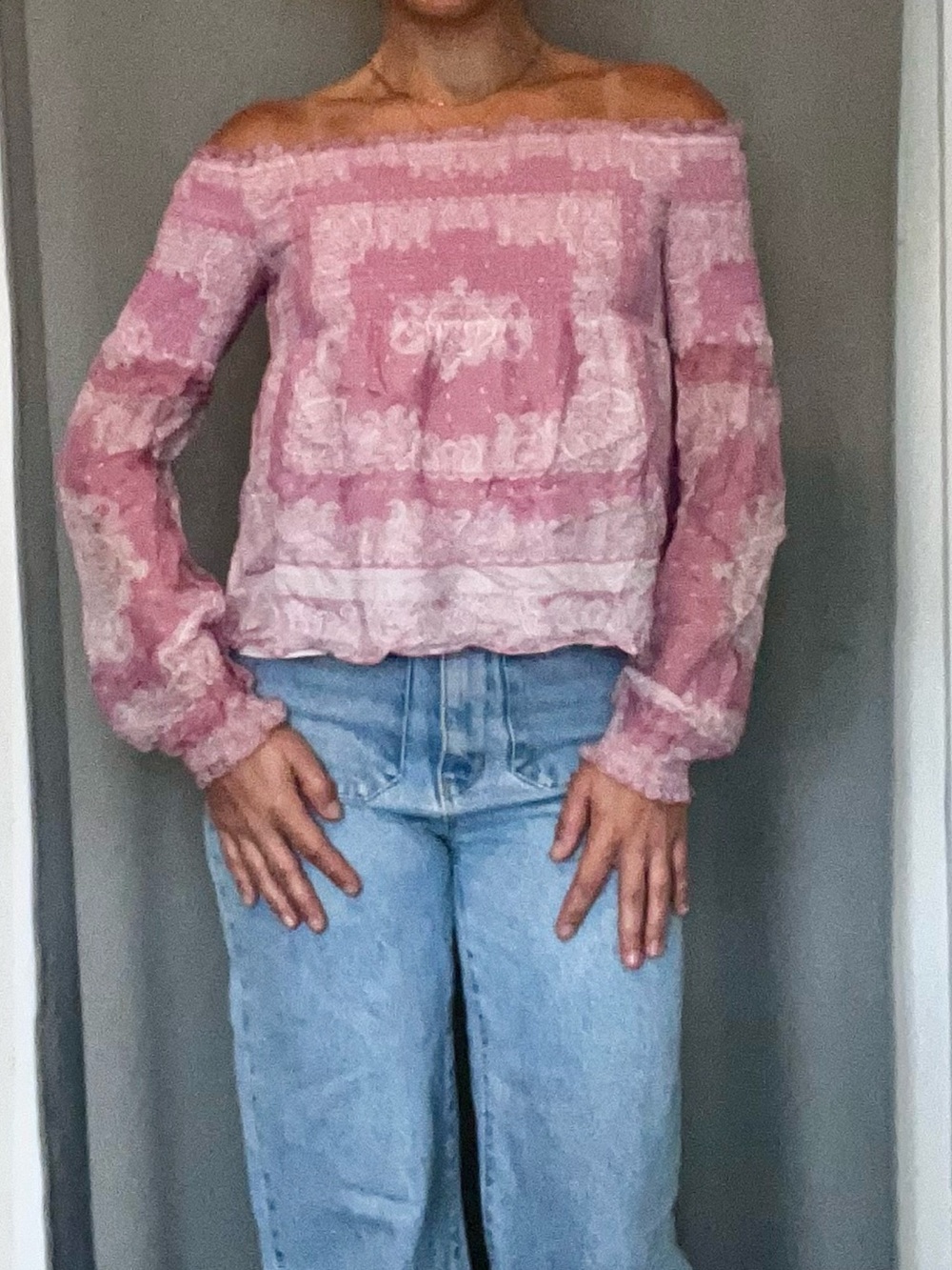 INTERMIX Paisley Pink Off-Shoulder Lace Blouse